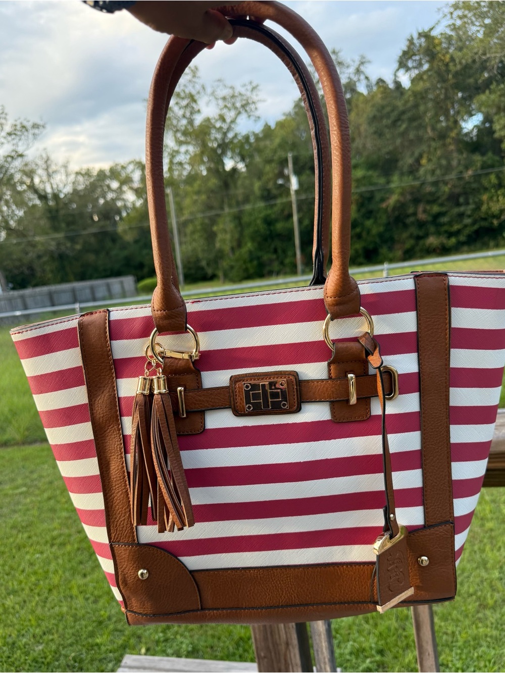 Striped Red & White Leather-Trim Tote